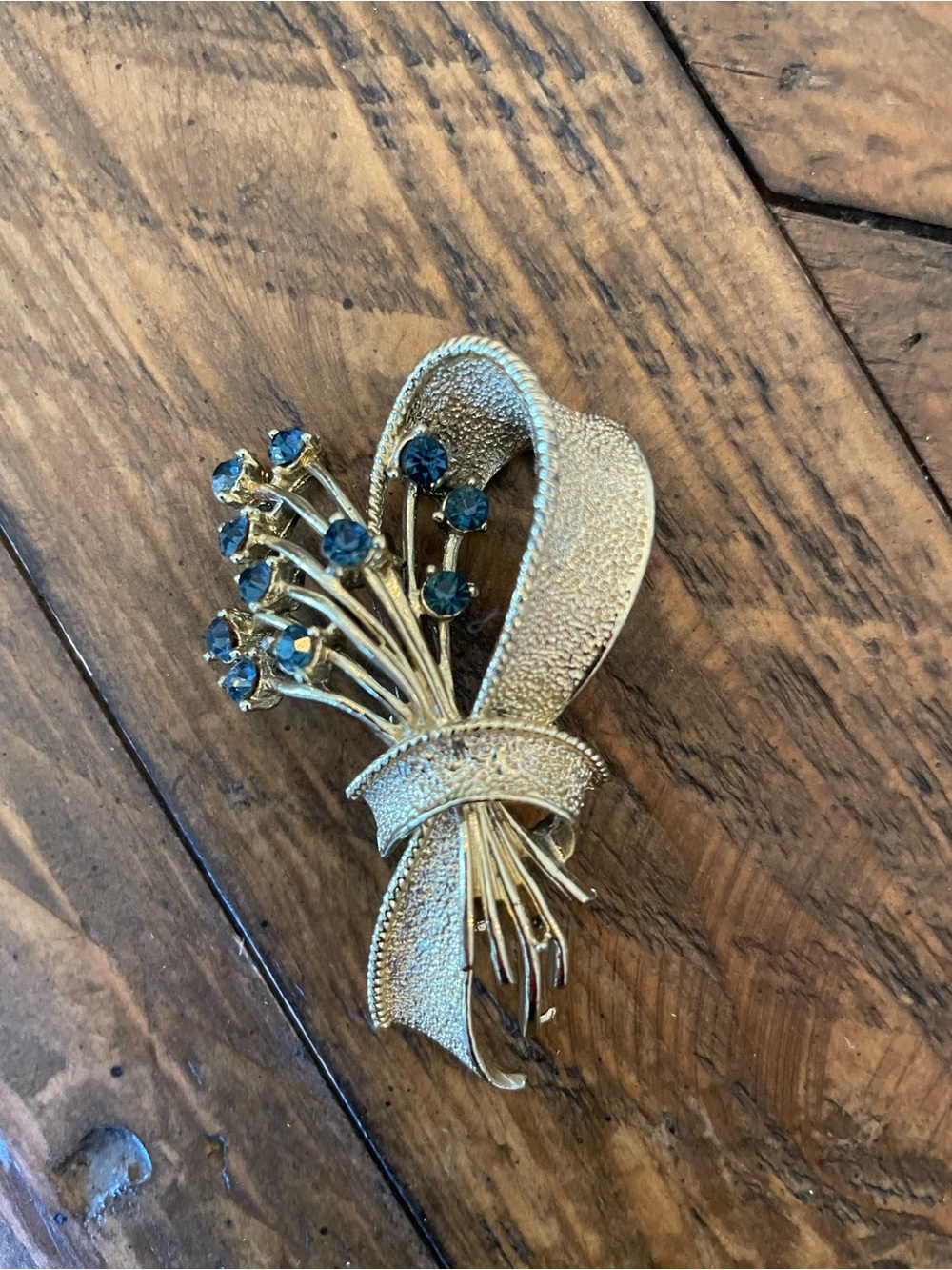 Gold Ribbon Bouquet Brooch with Blue Stones - Unbranded